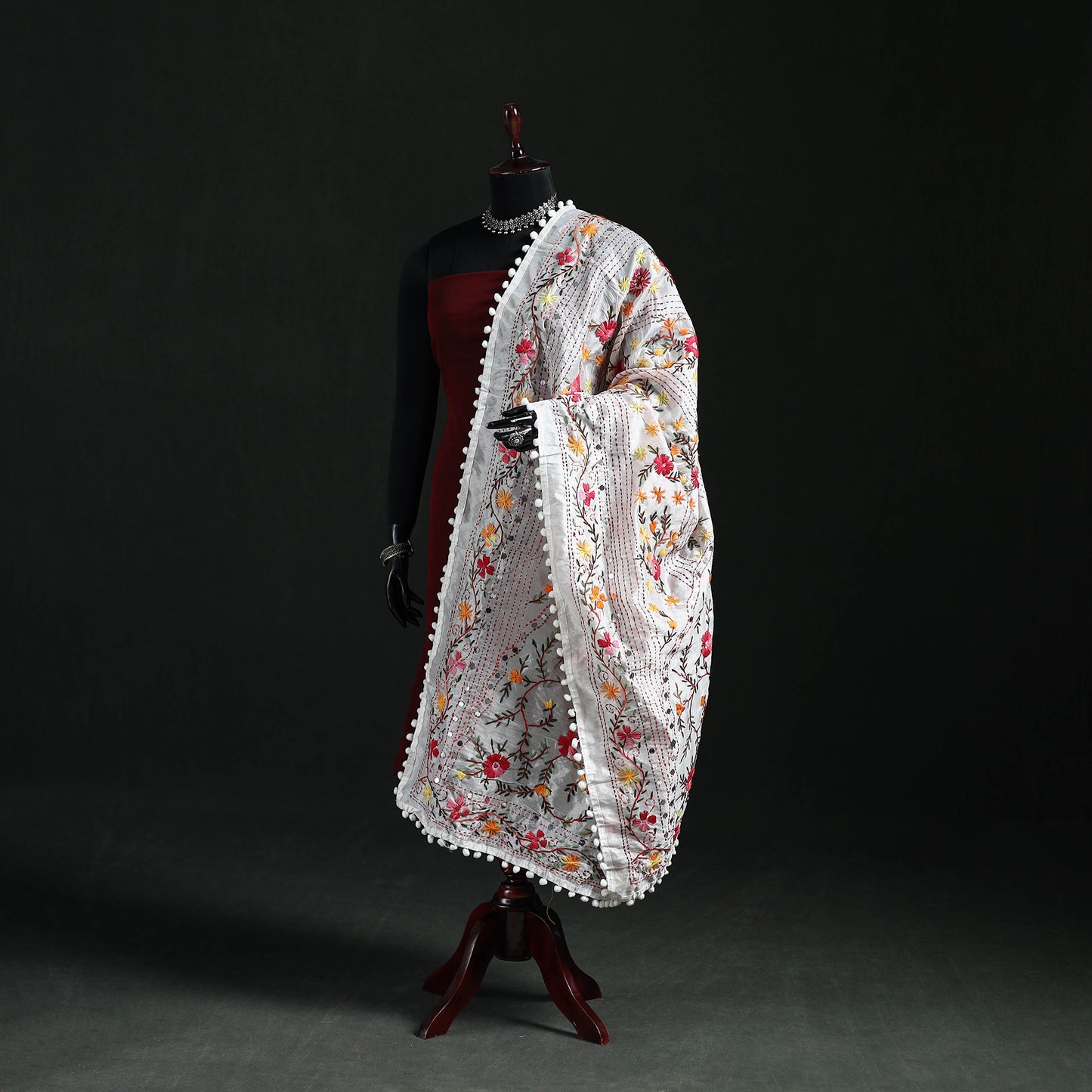 Phulkari Hand Embroidered Chanderi Silk Dupatta 19