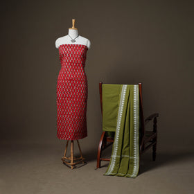 Sanganeri Block Print Cotton Unstitched Dress Material: Kurta, Bottom & Dupatta with Jewellery 18