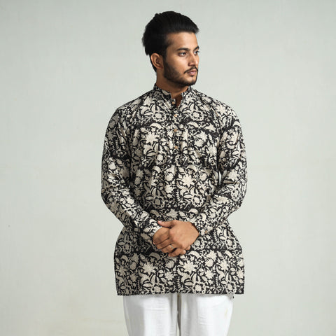 Black - Bagru Block Printed Cotton Men Short Kurta