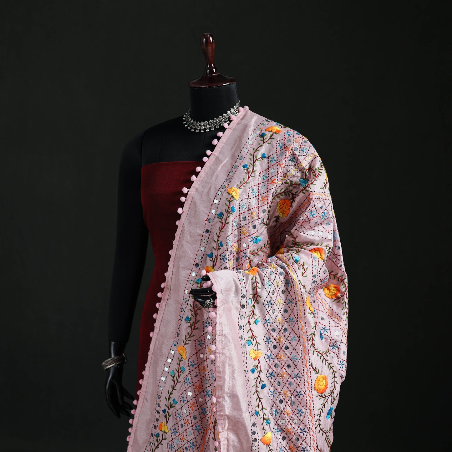 Phulkari Hand Embroidered Chanderi Silk Dupatta 20