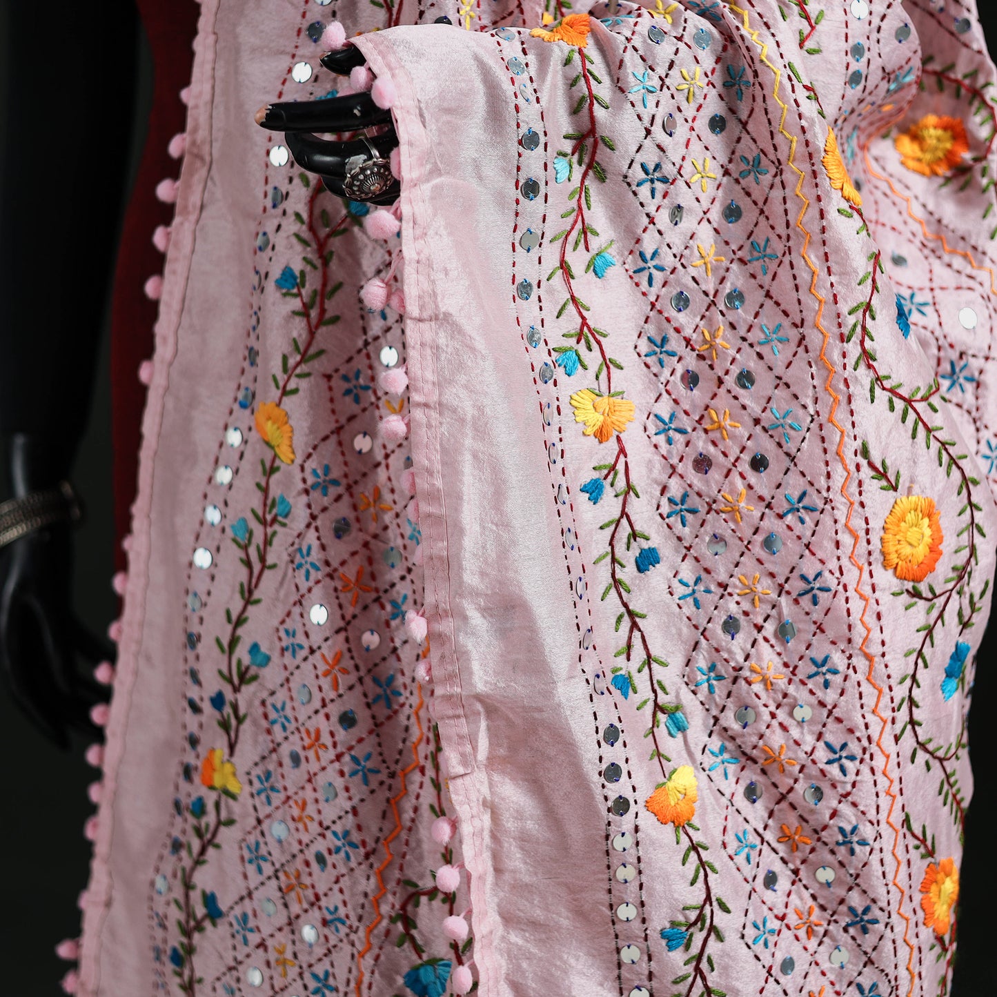 Phulkari Hand Embroidered Chanderi Silk Dupatta 20