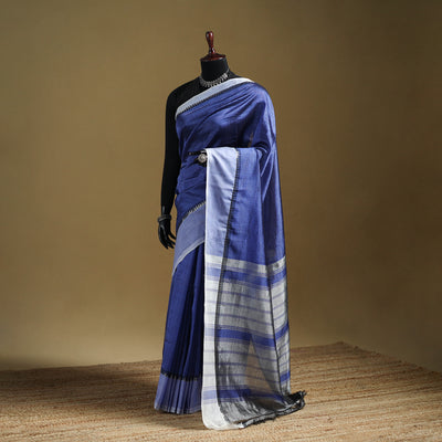 Blue - Pure Handwoven Mangalagiri Silk Cotton Pattu Saree with Zari Border 04