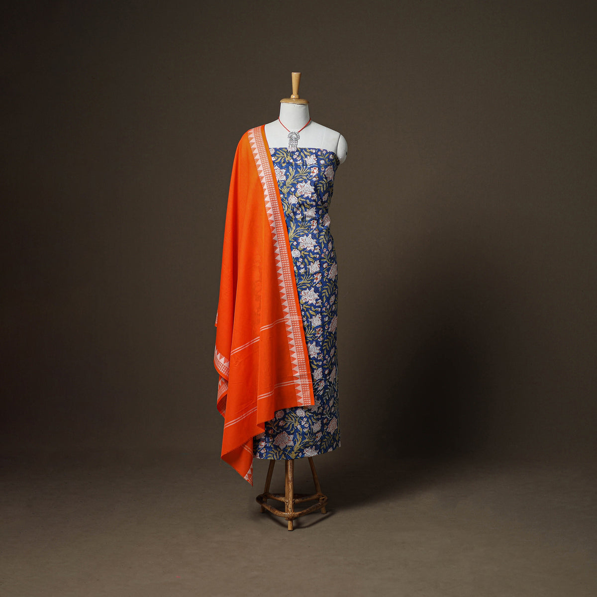 Sanganeri Block Print Cotton Unstitched Dress Material: Kurta, Bottom & Dupatta with Jewellery 19