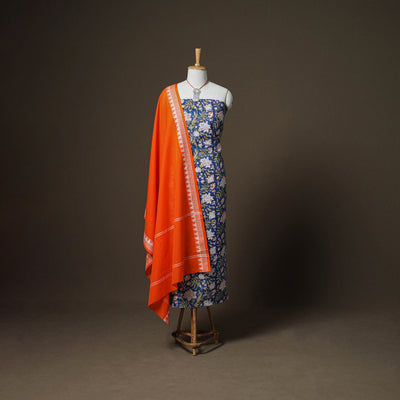 Sanganeri Block Print Cotton Unstitched Dress Material: Kurta, Bottom & Dupatta with Jewellery 19