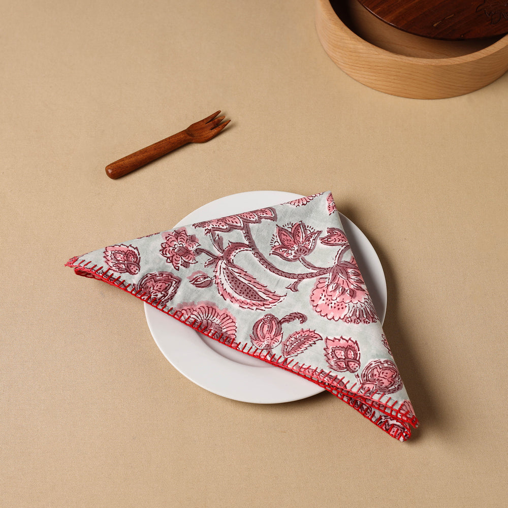 Floral Block Print Cotton Hand Embroidery Table Napkin 03