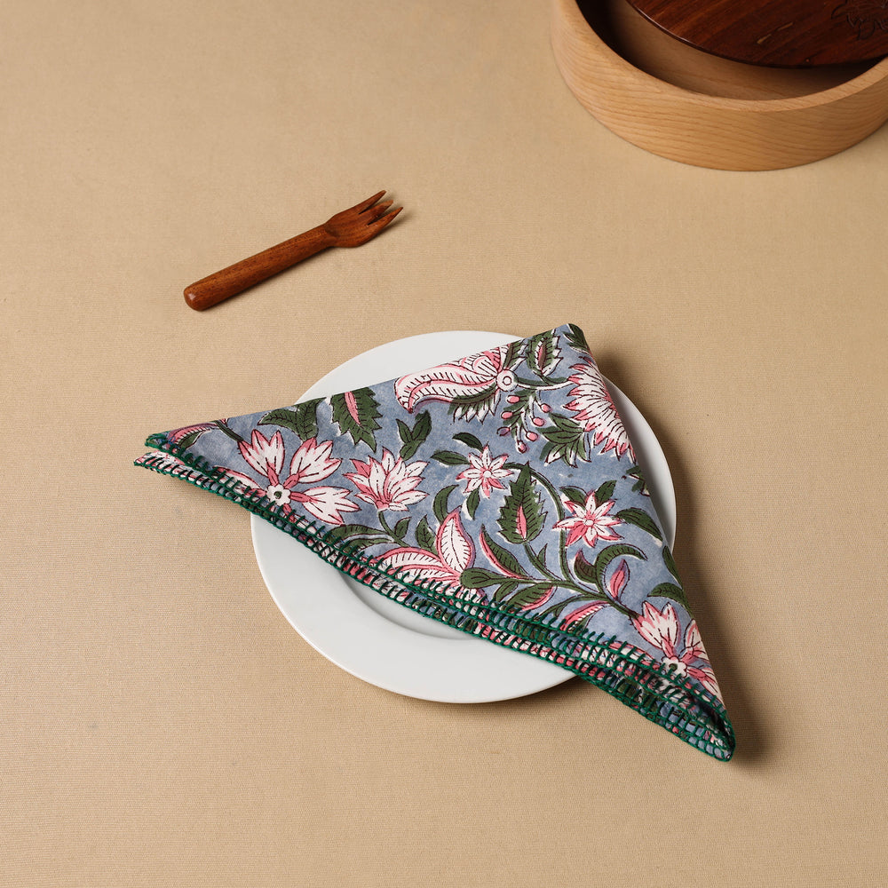 Floral Block Print Cotton Hand Embroidery Table Napkin 04