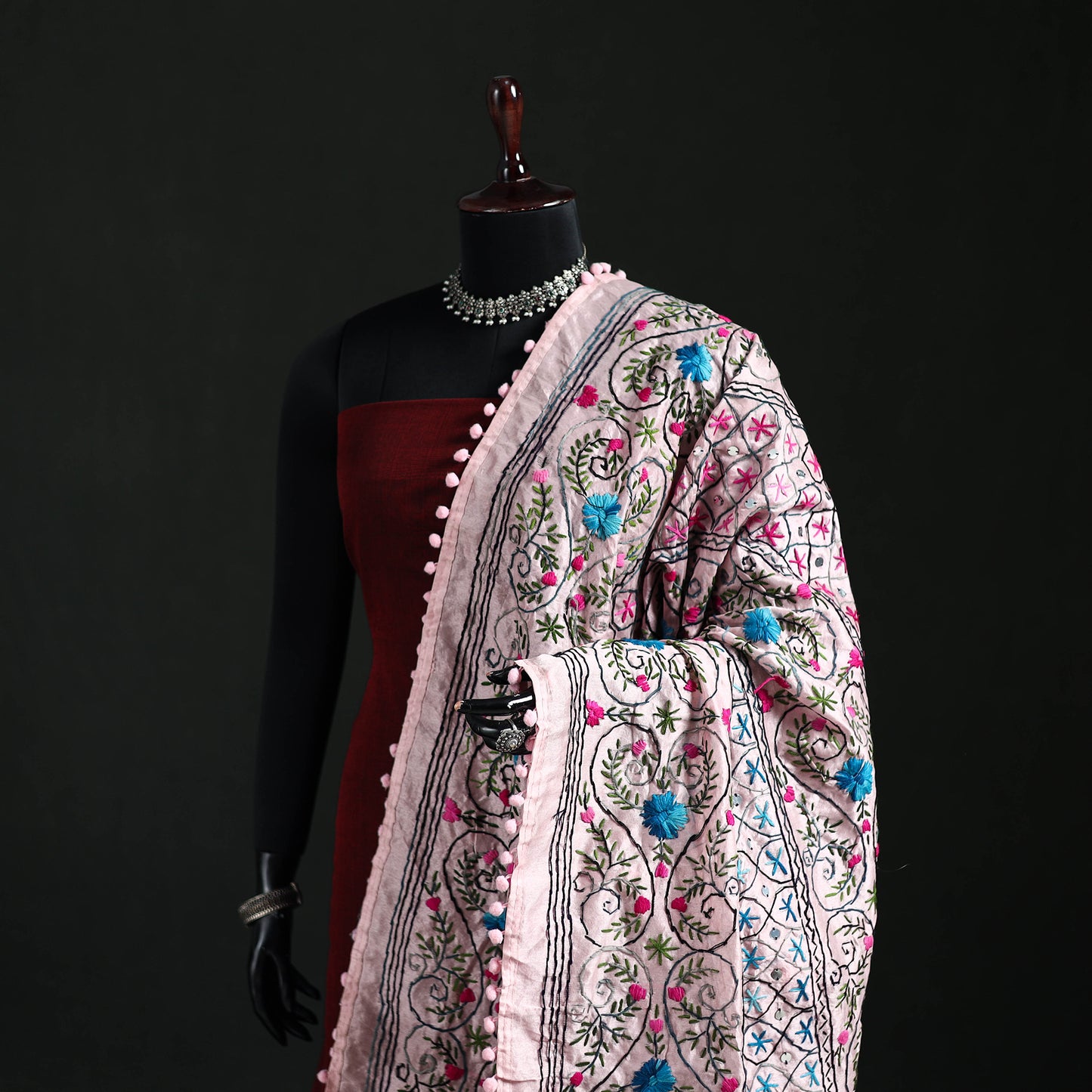 Phulkari Hand Embroidered Chanderi Silk Dupatta 21