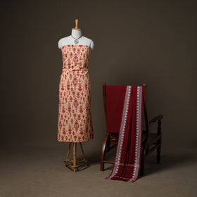 Sanganeri Block Print Cotton Unstitched Dress Material: Kurta, Bottom & Dupatta with Jewellery 20