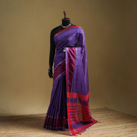 Purple - Pure Handwoven Mangalagiri Silk Cotton Pattu Saree with Zari Border 06