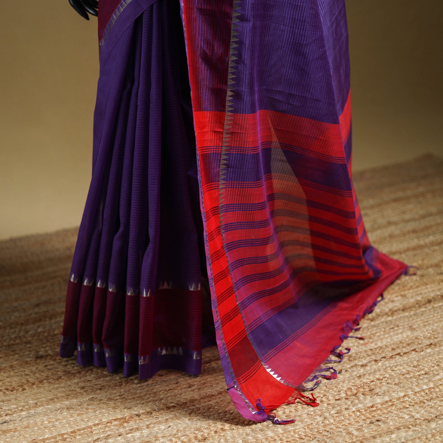Purple - Pure Handwoven Mangalagiri Silk Cotton Pattu Saree with Zari Border 06