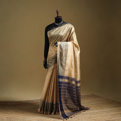 Beige - Pure Handwoven Mangalagiri Silk Cotton Pattu Saree with Zari Border 07