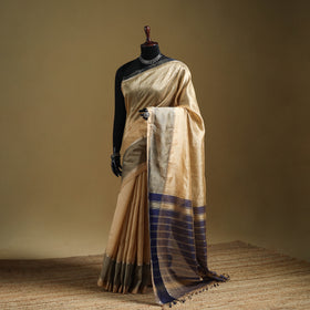 Beige - Pure Handwoven Mangalagiri Silk Cotton Pattu Saree with Zari Border 07