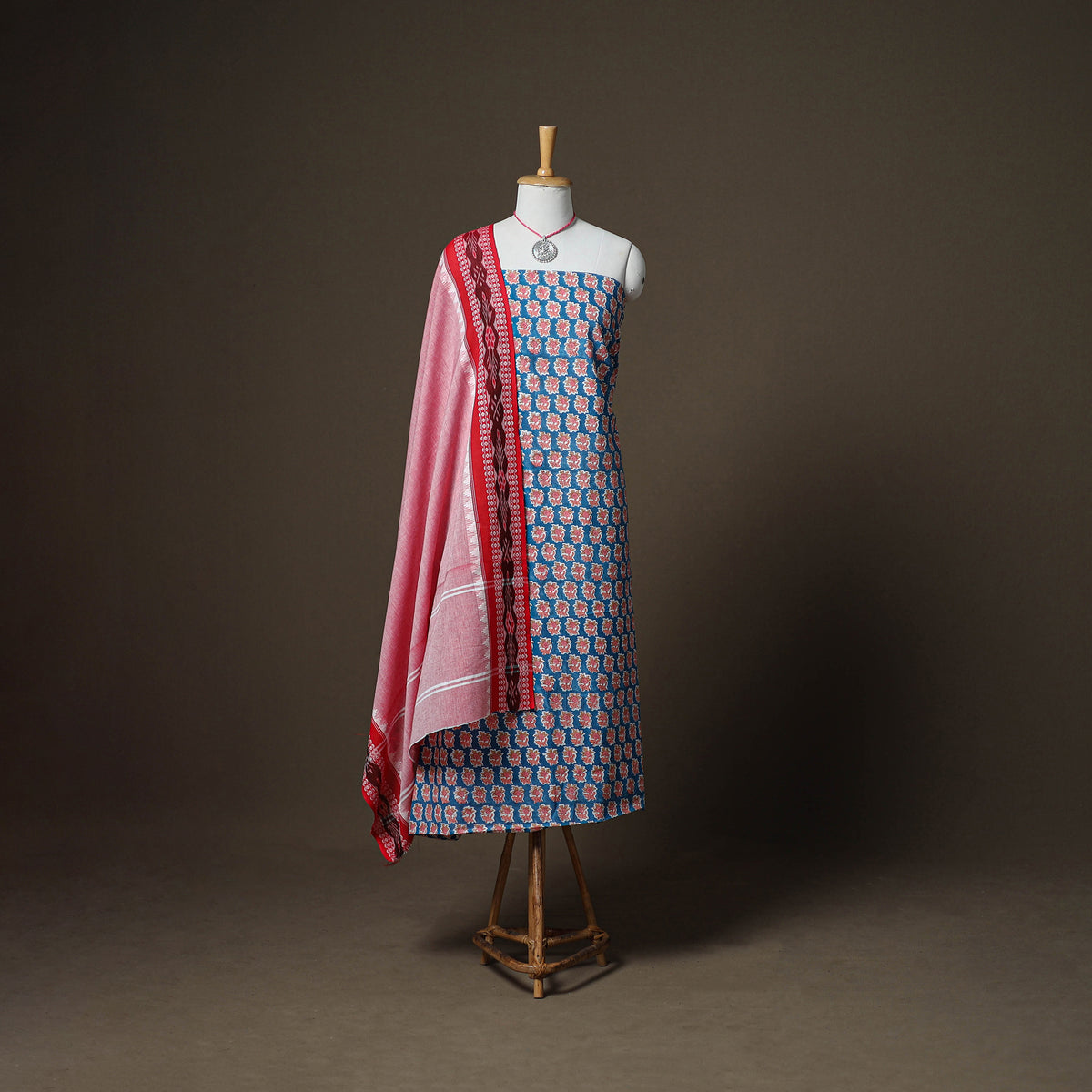Sanganeri Block Print Cotton Unstitched Dress Material: Kurta, Bottom & Dupatta with Jewellery 21