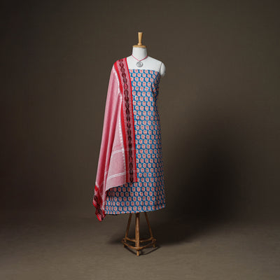 Sanganeri Block Print Cotton Unstitched Dress Material: Kurta, Bottom & Dupatta with Jewellery 21