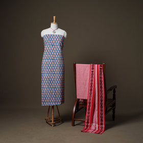Sanganeri Block Print Cotton Unstitched Dress Material: Kurta, Bottom & Dupatta with Jewellery 21