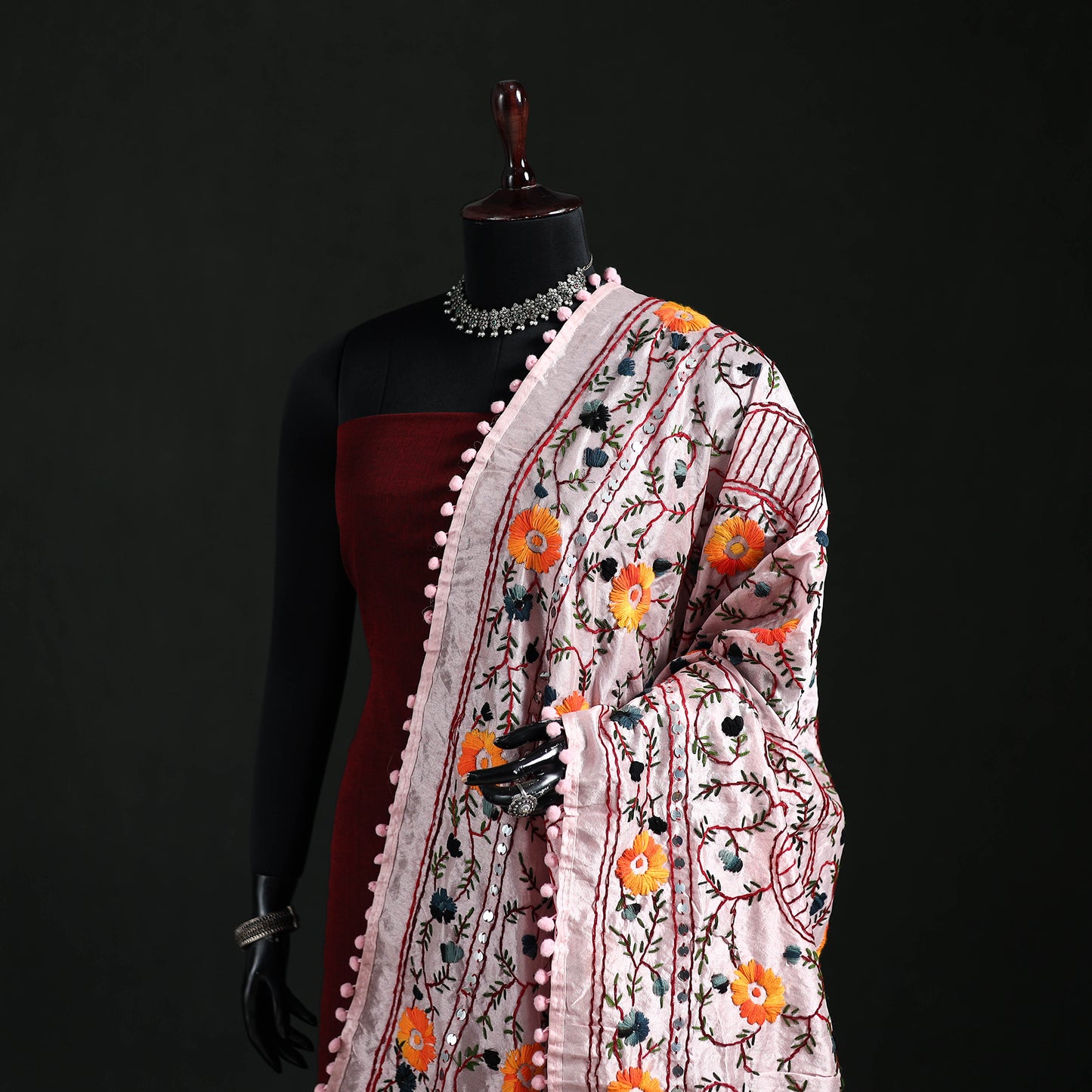 Phulkari Hand Embroidered Chanderi Silk Dupatta 26