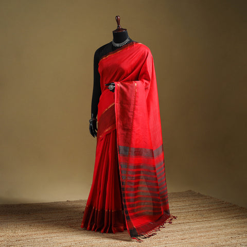 Red - Pure Handwoven Mangalagiri Silk Cotton Pattu Saree with Zari Border 09