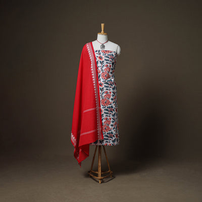 Sanganeri Block Print Cotton Unstitched Dress Material: Kurta, Bottom & Dupatta with Jewellery 22