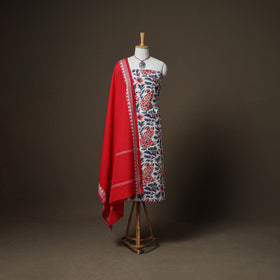 Sanganeri Block Print Cotton Unstitched Dress Material: Kurta, Bottom & Dupatta with Jewellery 22