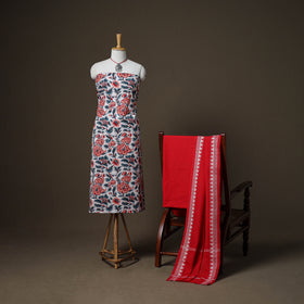 Sanganeri Block Print Cotton Unstitched Dress Material: Kurta, Bottom & Dupatta with Jewellery 22