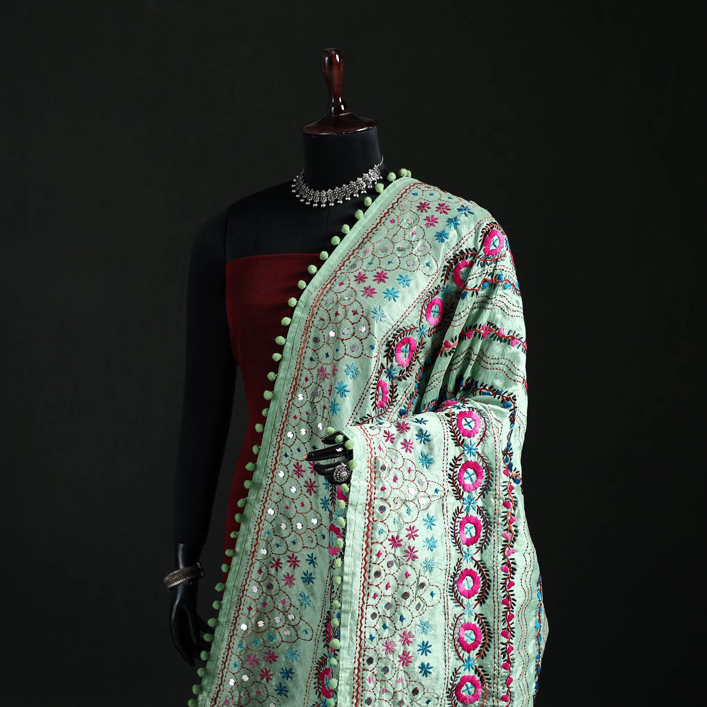 Phulkari Hand Embroidered Chanderi Silk Dupatta 28