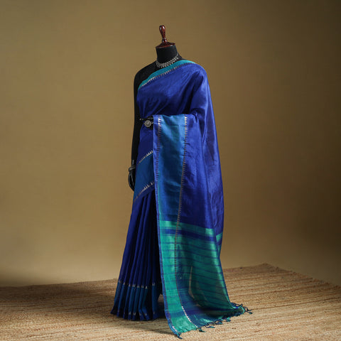 Blue - Pure Handwoven Mangalagiri Silk Cotton Pattu Saree with Zari Border 10