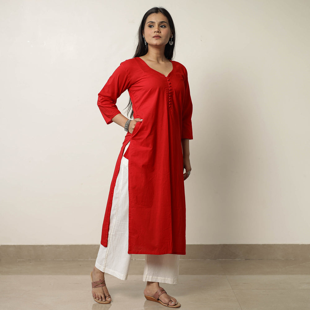 Dark Red - Plain Cotton Long Kurta 45