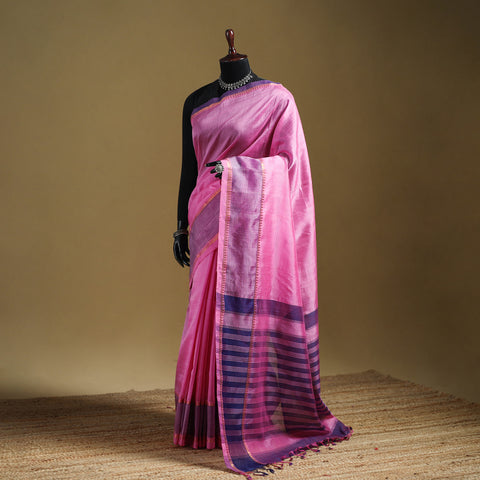Pink - Pure Handwoven Mangalagiri Silk Cotton Pattu Saree with Zari Border 11