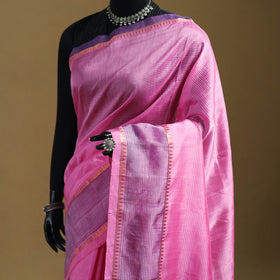 Pink - Pure Handwoven Mangalagiri Silk Cotton Pattu Saree with Zari Border 11