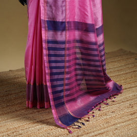 Pink - Pure Handwoven Mangalagiri Silk Cotton Pattu Saree with Zari Border 11