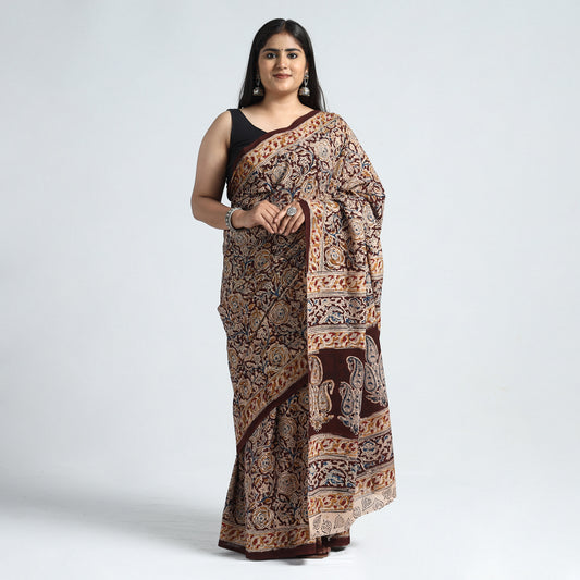 Maroon - Pedana Kalamkari Block Printed Cotton Saree with Blouse Piece 11