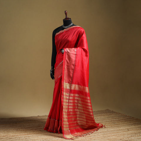 Red - Pure Handwoven Mangalagiri Silk Cotton Pattu Saree with Zari Border 12