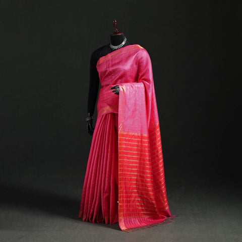 Pink - Handspun Handwoven Bhagalpuri Tussar Silk Saree 01