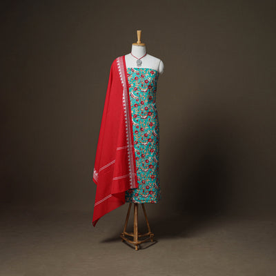 Sanganeri Block Print Cotton Unstitched Dress Material: Kurta, Bottom & Dupatta with Jewellery 23