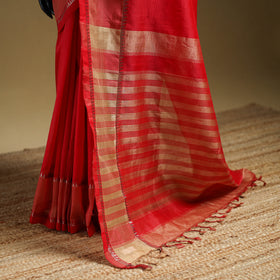 Red - Pure Handwoven Mangalagiri Silk Cotton Pattu Saree with Zari Border 12