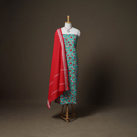 Sanganeri Block Print Cotton Unstitched Dress Material: Kurta, Bottom & Dupatta with Jewellery 24