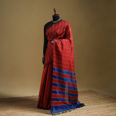 Red - Pure Handwoven Mangalagiri Silk Cotton Pattu Saree 13