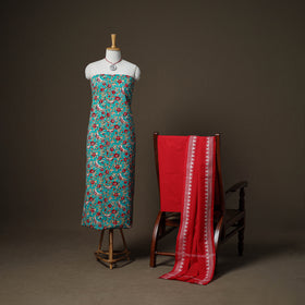 Sanganeri Block Print Cotton Unstitched Dress Material: Kurta, Bottom & Dupatta with Jewellery 24