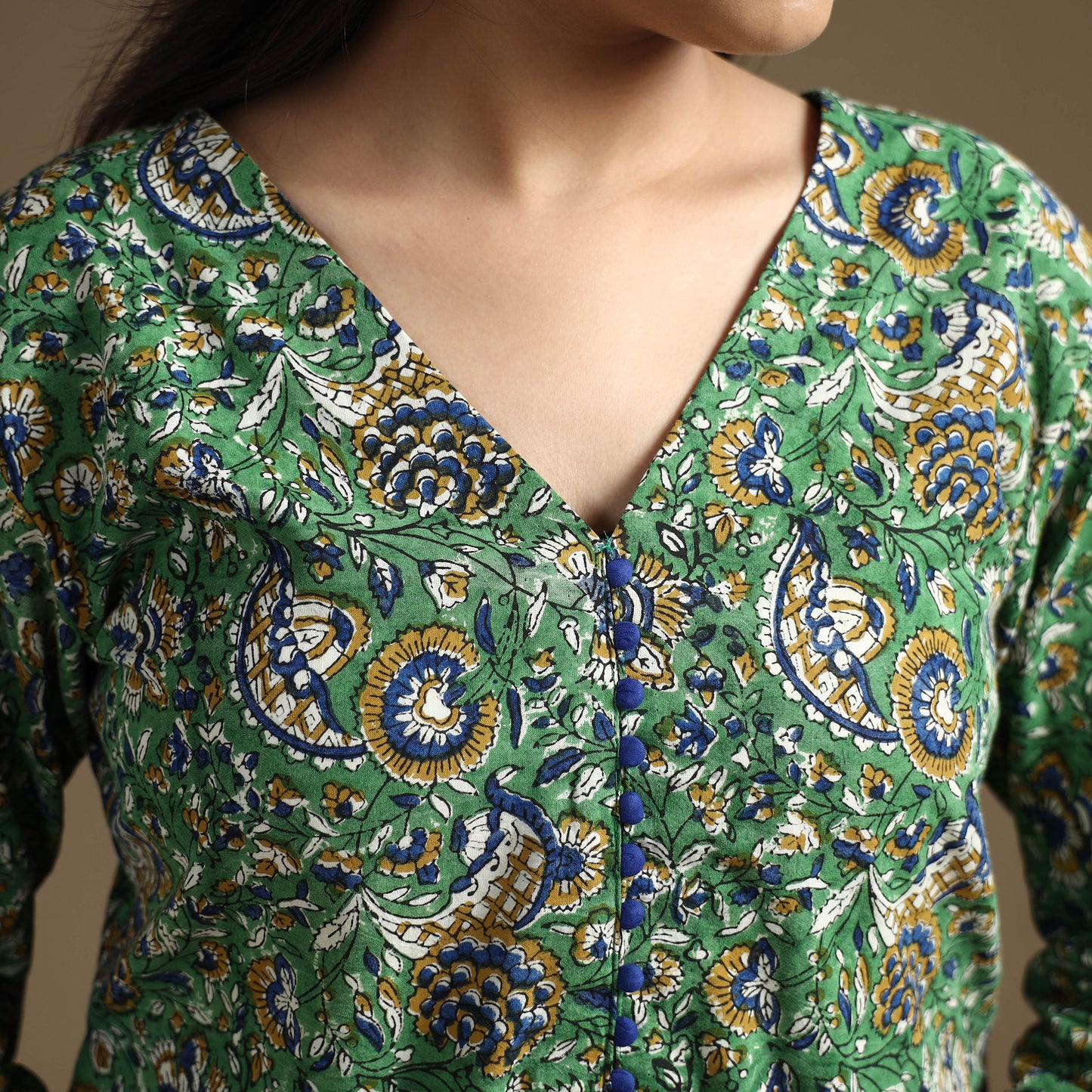 Green - Bagru Hand Block Printed Cotton Long Kurta