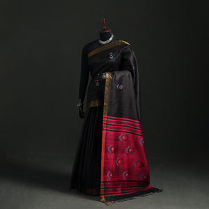 Black - Handspun Handwoven Bhagalpuri Tussar Silk Saree 03