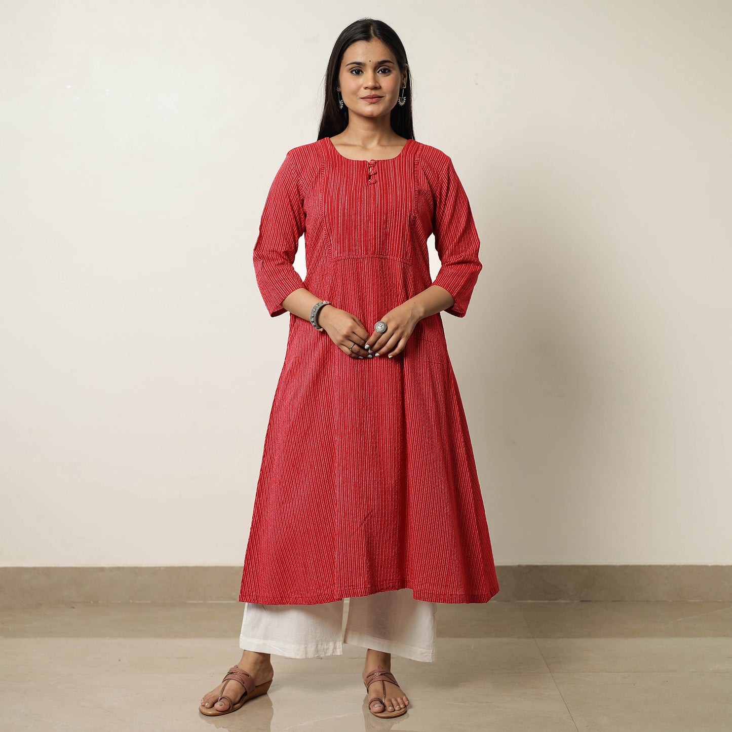 Red - Plain Running Stitch Cotton Pintuck Long Kurta 43