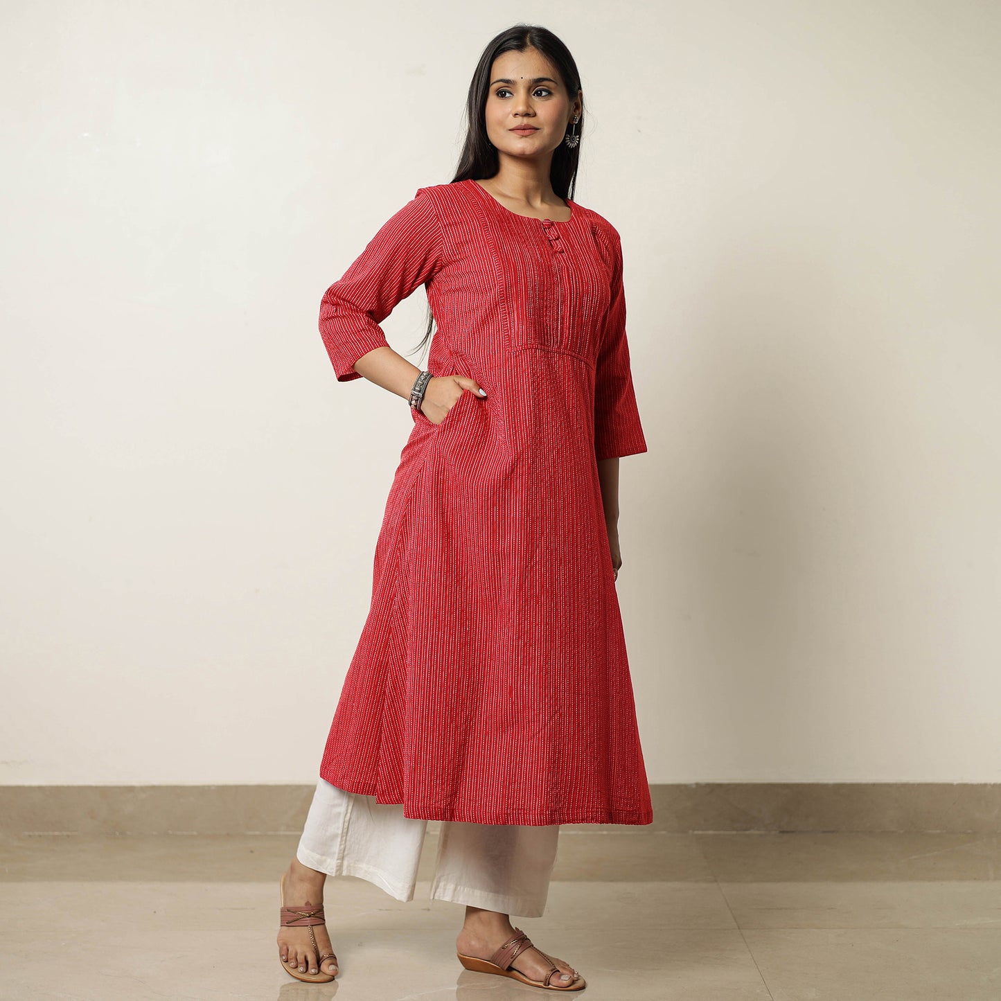 Red - Plain Running Stitch Cotton Pintuck Long Kurta 43