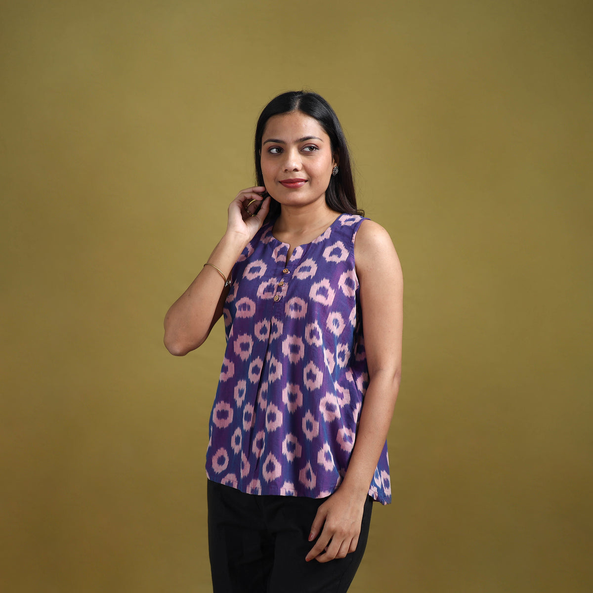Pochampally Ikat Mercerised Cotton Sleeveless Crop Top for Women 06