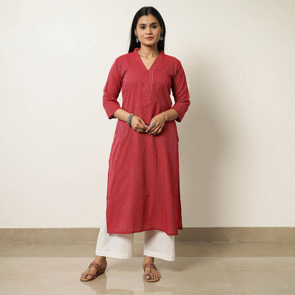 Red - Running Stitch Cotton Long Kurta 26