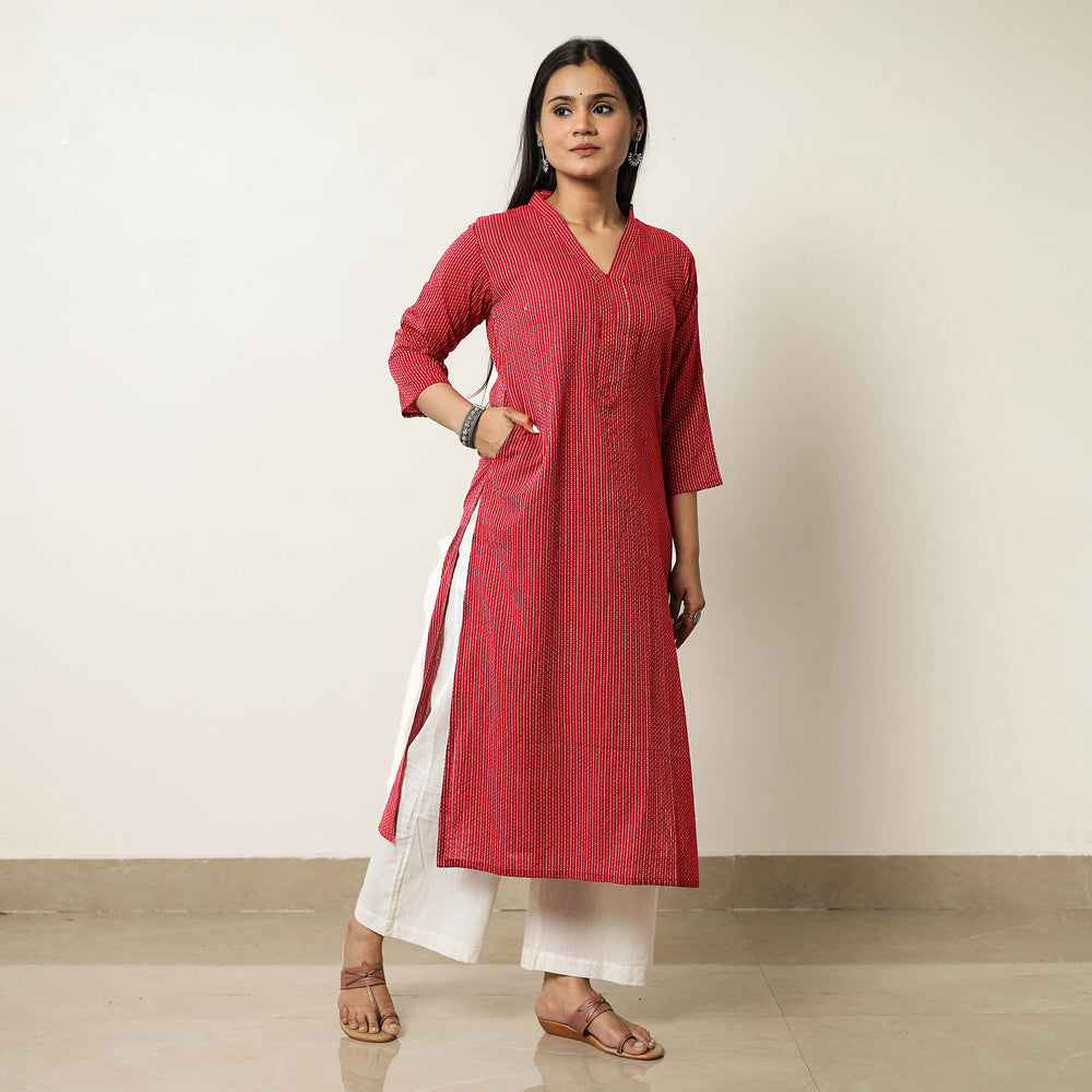 Red - Running Stitch Cotton Long Kurta 26