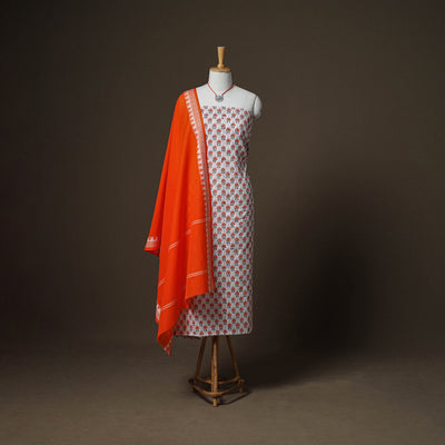 Sanganeri Block Print Cotton Unstitched Dress Material: Kurta, Bottom & Dupatta with Jewellery 25