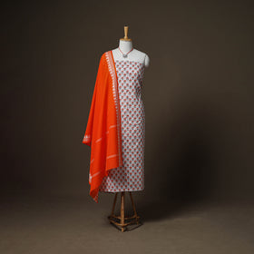 Sanganeri Block Print Cotton Unstitched Dress Material: Kurta, Bottom & Dupatta with Jewellery 25