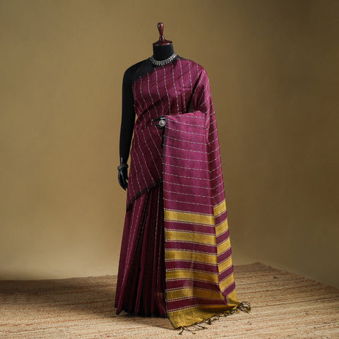 Purple - Pure Handwoven Mangalagiri Silk Cotton Pattu Saree 16