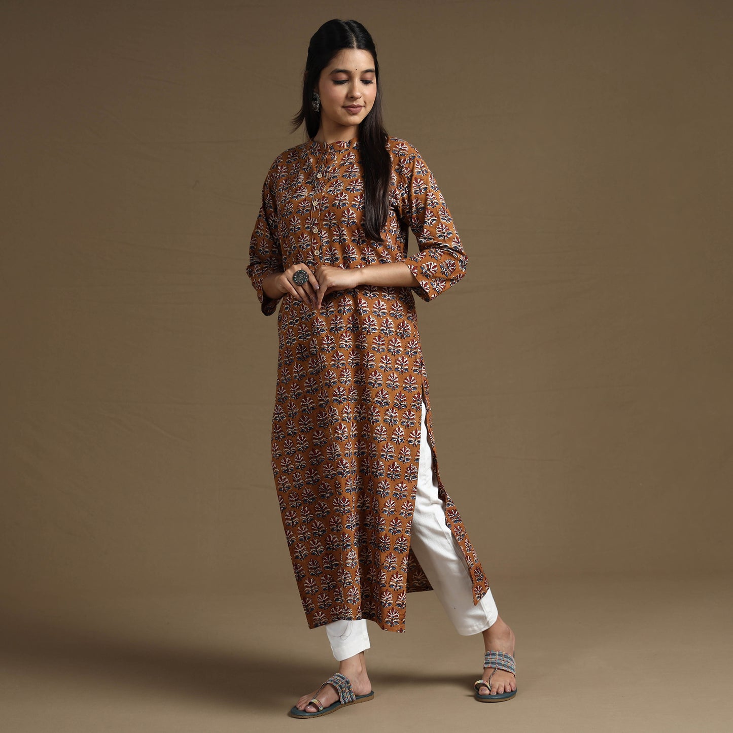 Brown - Bagru Hand Block Printed Cotton Long Straight Kurta