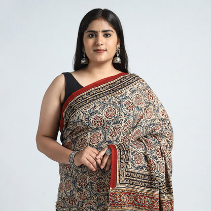Multicolor - Pedana Kalamkari Block Printed Cotton Saree with Blouse Piece 15